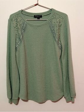 Absolutely Famous Green Lace-Accent Crewneck Sweater